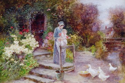 Femme et enfant dans un jardin de cottage - Florence Agnes Mackay